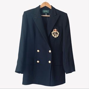 Vintage Lauren Ralph Lauren 100% Wool 3D Monogram Crest Patch Black Blaz…